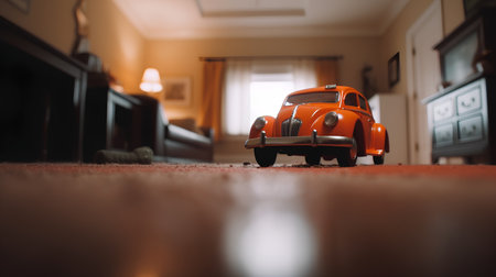 Vintage toy car on the floor in the room. Selective focus.の素材