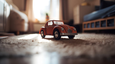Toy car on the carpet in the children's room. Selective focus.の素材