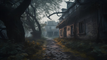 Old house in a foggy forest. Halloween concept. 3d renderingの素材