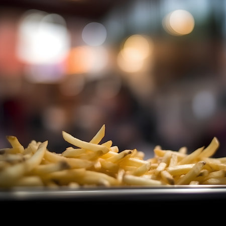 French fries on a plate in a restaurant, shallow depth of fieldの素材