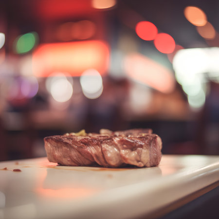Grilled beef steak on a plate in a restaurant. Selective focus.の素材