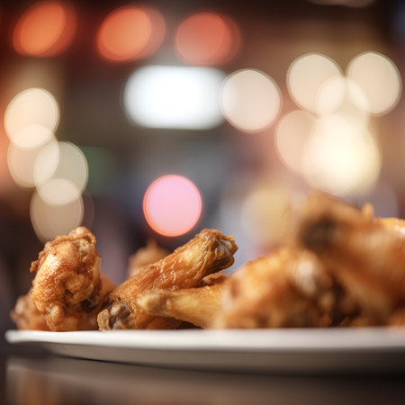 Fried chicken wings on a white plate with bokeh backgroundの素材