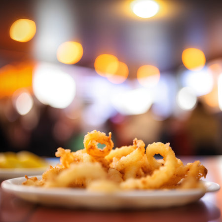 Fried squid rings on a plate in a restaurant, shallow depth of fieldの素材