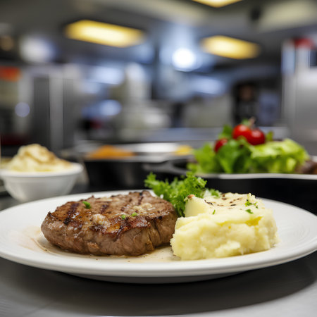 Grilled steak with mashed potatoes on a plate in the restaurant kitchenの素材