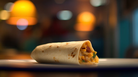 Mexican burrito with chicken and vegetables on a table in a restaurantの素材