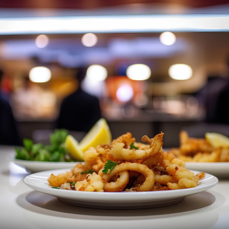 Fried squid rings with lemon on a white plate in a restaurantの素材
