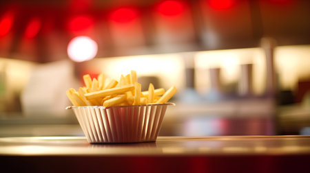 French fries in a paper box on the counter of a fast food restaurantの素材