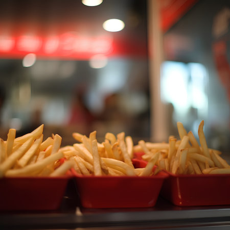 French fries in red plastic box on blurred background, shallow depth of fieldの素材