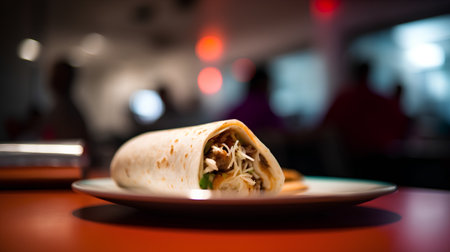 Tortilla wrap with meat and vegetables on a plate in a restaurantの素材