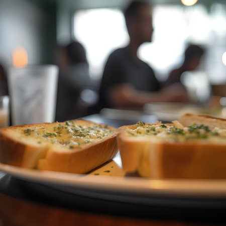 Toasted bread with butter and herbs on a table in a restaurantの素材