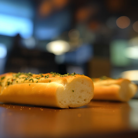 baguette with herbs on a table in a restaurant, shallow depth of fieldの素材