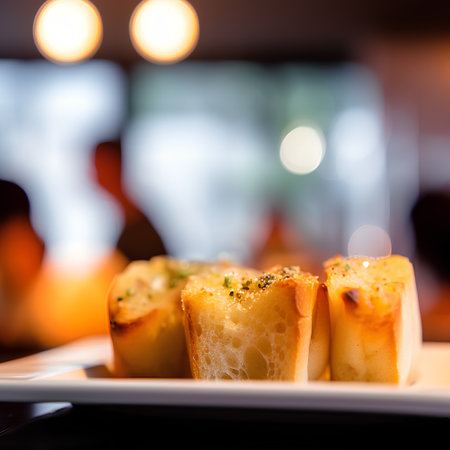 Garlic bread on a white plate in a cafe. Selective focusの素材