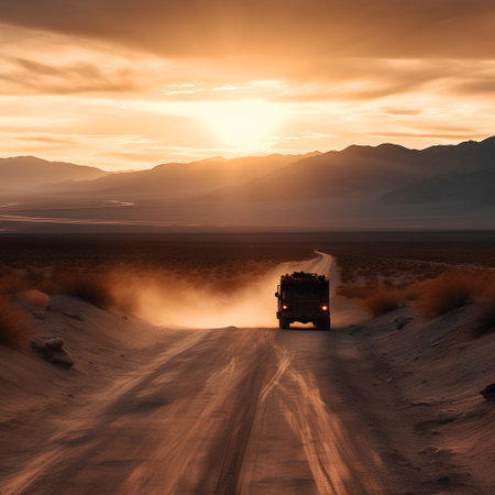Truck on the road in the desert at sunset. 3d renderingの素材