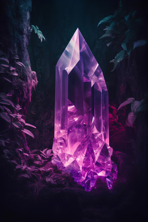 Purple crystal in the forest. 3d rendering. Computer digital drawing.の素材