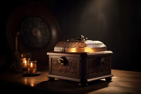 Treasure chest on a wooden table with a candle and a clockの素材