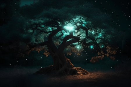 Fantasy old oak tree in the forest at night, 3d renderの素材