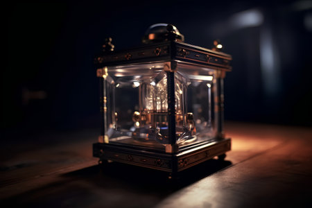 Lantern on wooden table. Dark background. Selective focusの素材
