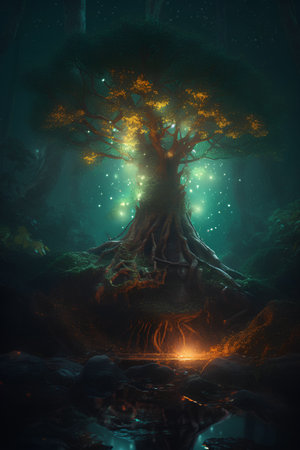 Fantasy forest with tree and glowing lights. 3D illustration.の素材