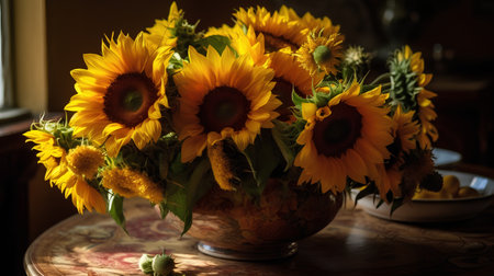Sunflowers in a vase on a table in a roomの素材