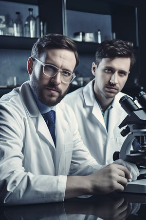 Two scientists working with microscope in laboratory. Science, chemistry, biology, medicine and people concept.の素材