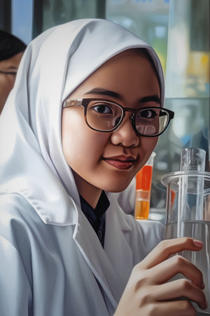 Portrait of young muslim female scientist holding test tube in laboratoryの素材