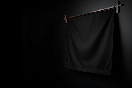 Black wall with a wooden cross and a black cloth. 3d renderingの素材