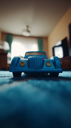Blue toy car on the floor in the bedroom. Selective focus.の素材