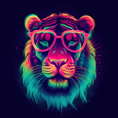 Lion head with sunglasses. Psychedelic animal vector illustration.の素材