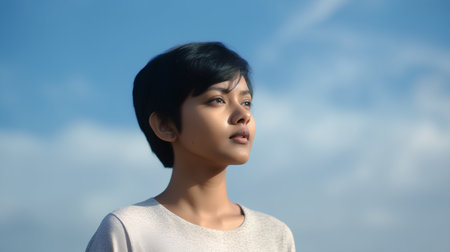 Portrait of young beautiful Asian woman against the blue sky and cloudsの素材