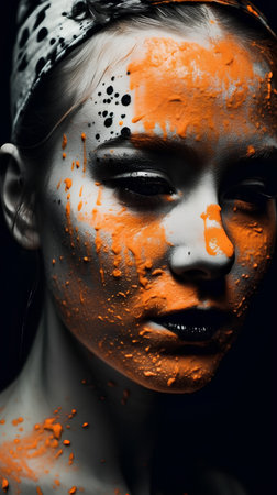 Portrait of a beautiful young woman with creative make-up and orange paint on her faceの素材