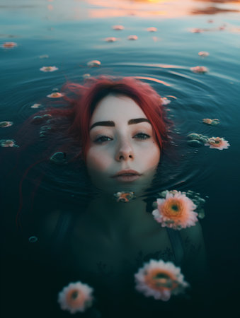 Beautiful young woman with red hair and flowers in water at sunsetの素材