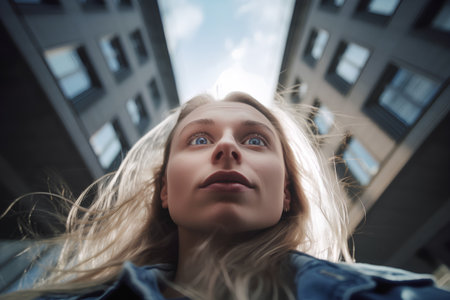 Portrait of a beautiful girl with long blond hair in the cityの素材