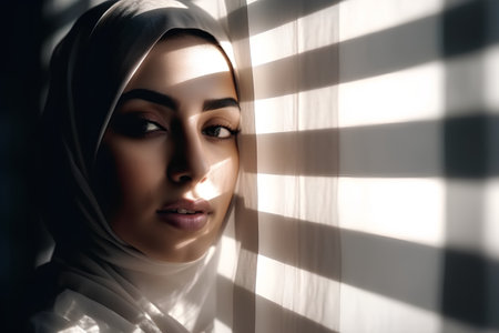 Portrait of beautiful muslim woman looking through window blinds.の素材