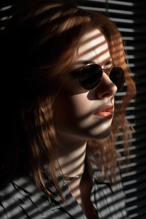 Portrait of a beautiful woman in sun glasses with blinds.の素材