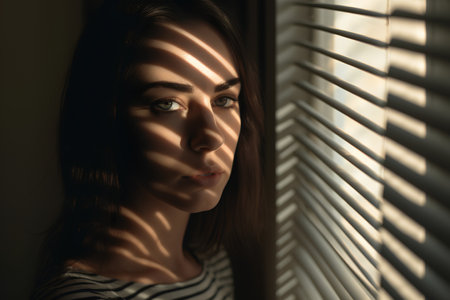 Portrait of a beautiful young woman with blinds on the window.の素材