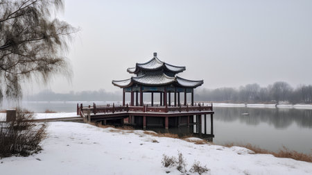Wooden pavilion on the lake in winter, Beijing, Chinaの素材