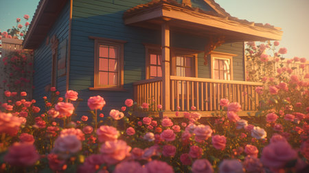 Beautiful old wooden house in the garden with blooming flowers.の素材