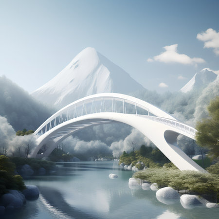 bridge over the river with mountain in the background, 3d renderの素材