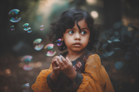 Cute indian little girl playing with soap bubbles in the parkの素材