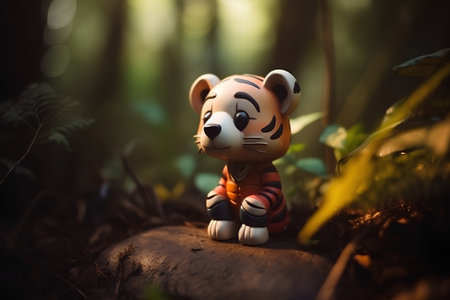Tiger toy in the forest, close-up, selective focusの素材