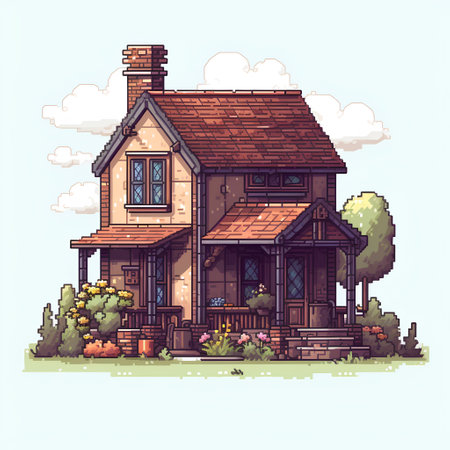 Pixel art house with brick chimney. Vector illustration in retro style.の素材