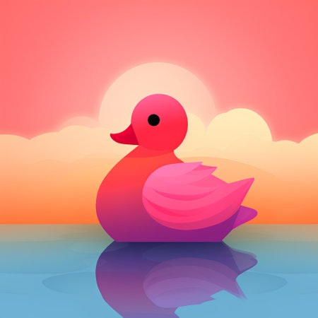 Pink rubber duck floating on the lake at sunset. Vector illustration.の素材