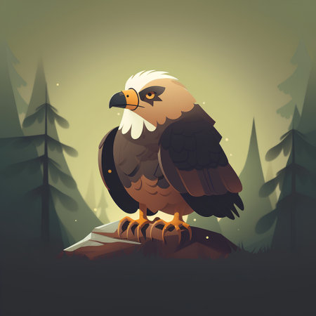 Eagle on a rock in the forest. Vector illustration in cartoon style.の素材