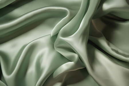 Closeup of rippled green satin fabric. Whole background.の素材