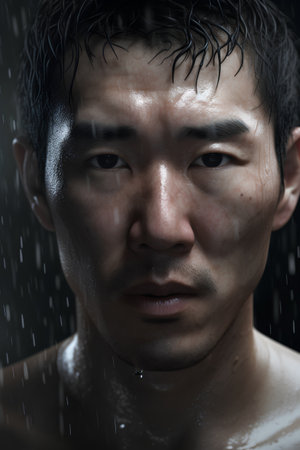Portrait of young Asian man with wet face and wet hair.の素材