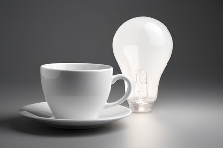coffee cup and light bulb on gray background. 3d illustrationの素材