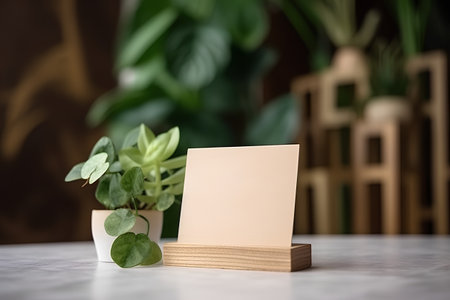 Blank card with green plant in pot on white marble table.の素材