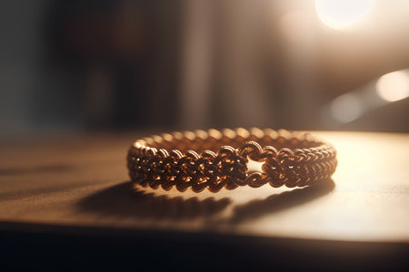 Beautiful gold bracelet on a wooden table. Selective focus.の素材