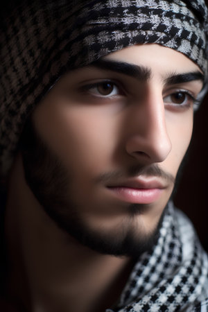 Portrait of young handsome arabian man in headscarfの素材