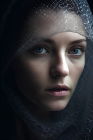 Portrait of a beautiful girl in a veil on a black backgroundの素材